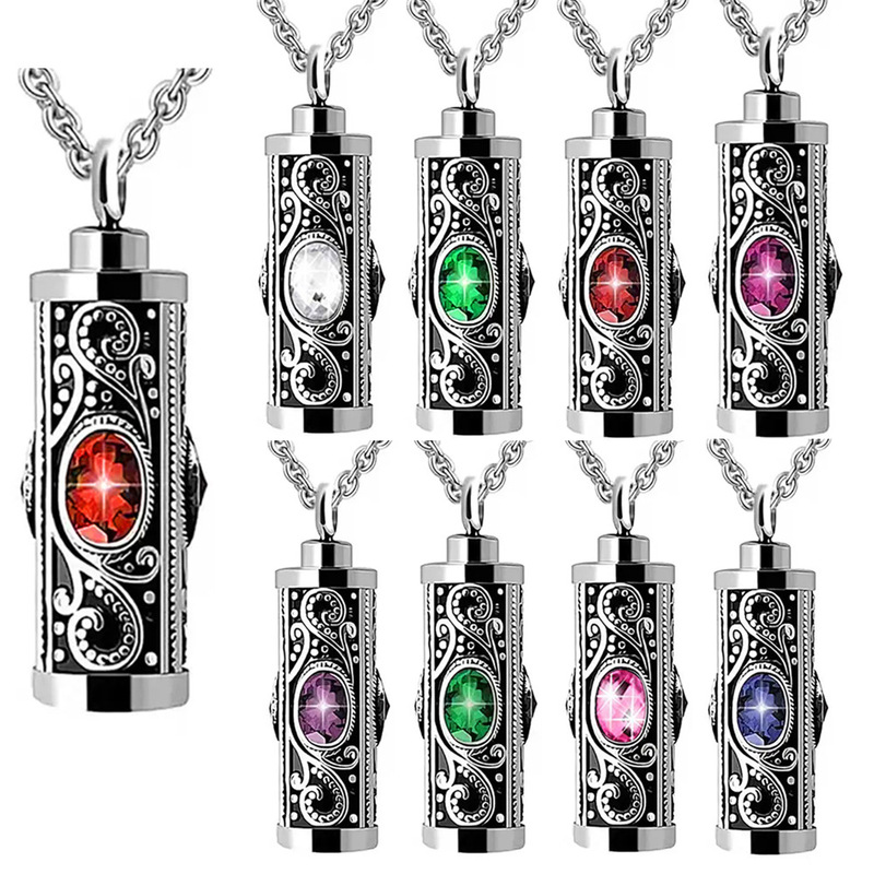 Amazon Memorial Pet Remains Hair Stainless Steel Cylinder Twelve Birthstones Urn Pendant Necklace