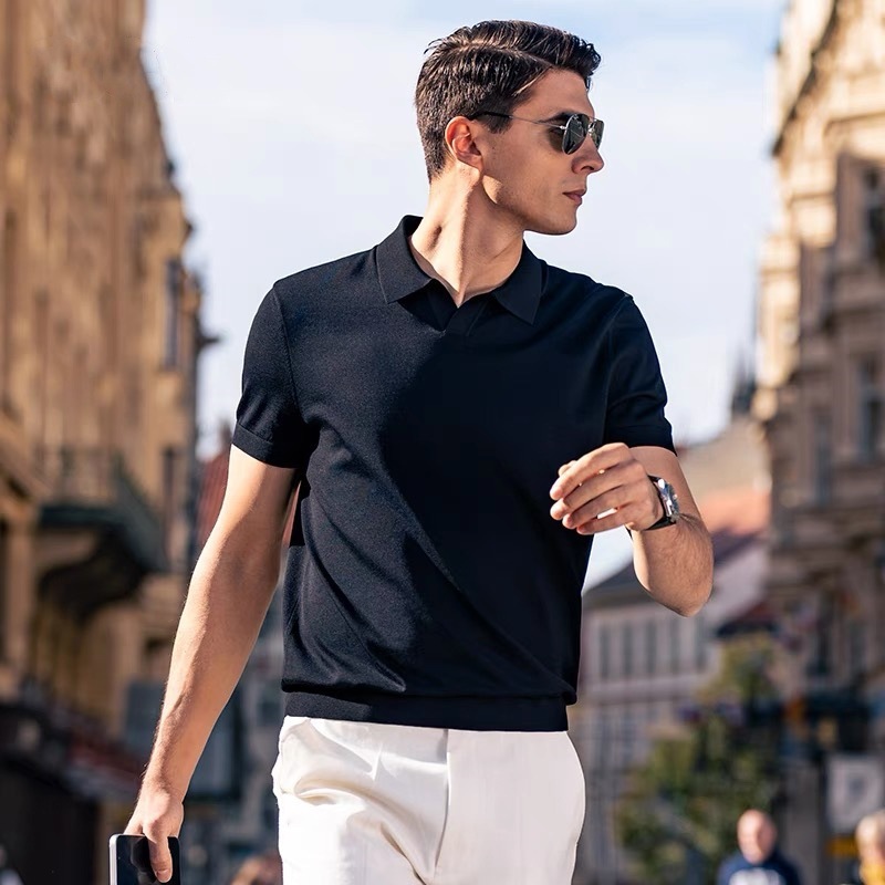 Polo de negocios de solapa suave y cerosa delicada y fresca para hombre, manga corta de punto de verano para hombre, cuello de gaviota para hombre, comercio exterior transfronterizo al por mayor