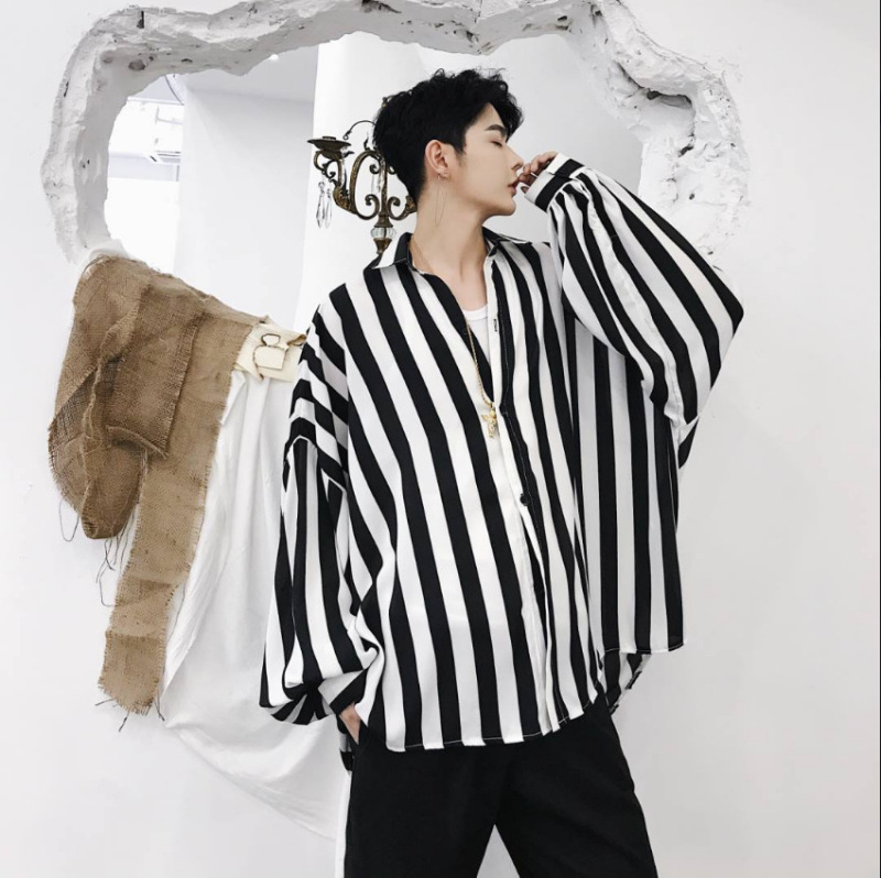 Spring and Autumn Men's Thin Long-Sleeved Striped Shirt Men's Youth Fashionable All-Match Loose Bf Style Bat Shirt Casual Shirt Spring and Autumn Men's Thin Long-Sleeved Striped Shirt Men's Youth Fashionable All-Match Loose Bf Style Bat Shirt Casual Shirt