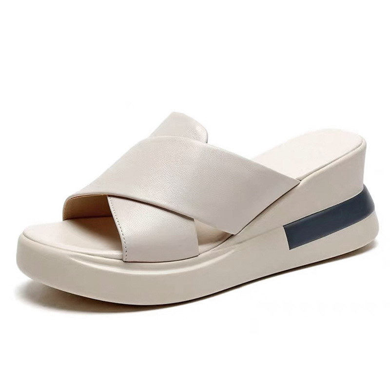 Dép sandal nữ đế xuồng da bò thật quai chữ V gót cao 9 cm — Màu đen (Da bò lớp đầu tiên)