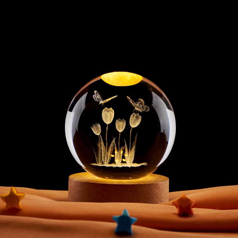 Tulip 3d three-dimensional laser engraving crystal ball luminous bedside decoration starry night light ornaments creative gifts