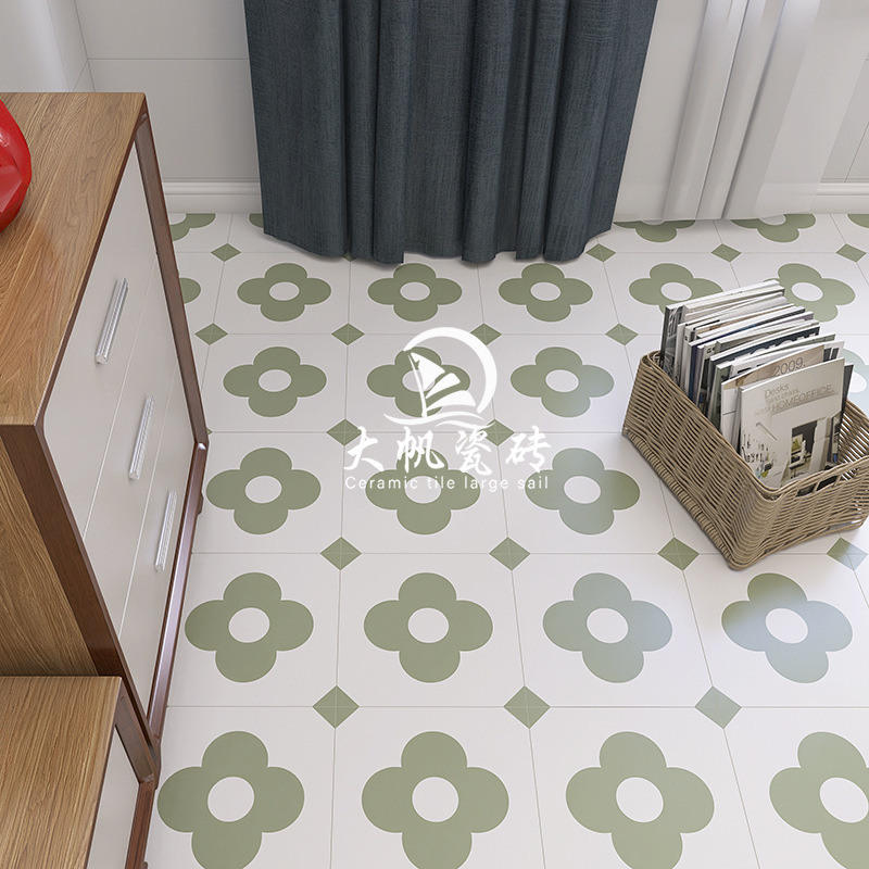 Light Green Flower Tile Balcony Bathroom All-Ceramic Non-Slip Floor Tile Hotel Homestay Terrace Bathroom Wall Tile