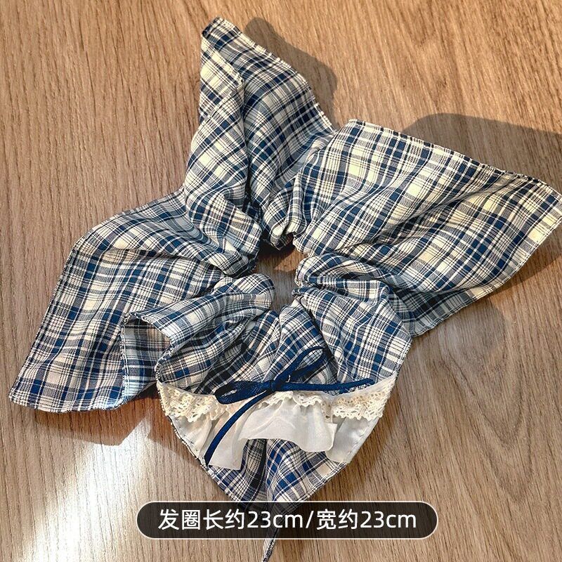韩系蓝色格纹蝴蝶结方巾大肠发圈女高级感头圈发绳海燕头绳发饰品|undefined