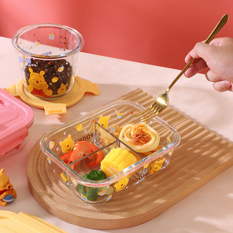 Disney Genuine Strawberry Bear Vidrio de borosilicato de tres compartiones Fiambrera Caja de regalo especial para horno microondas doméstico
