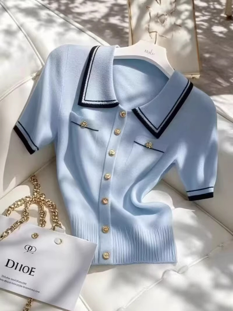 Áo thun nữ cổ polo tay ngắn phối màu xanh lam kiểu mới — xanh lam