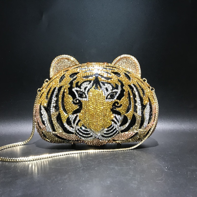 Bolsas de diamante de tigre, bolsas de cena de cristal metálicas, bolsas de diamantes hechas a mano, bolsas de mano de mujeres.