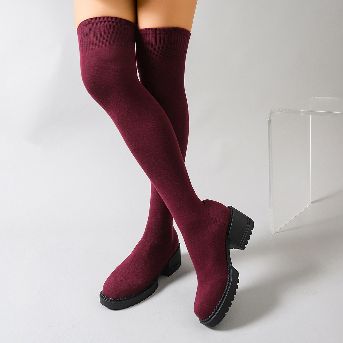 Winterliche Damen-Overknee-Stiefel mit runder Zehenpartie, Flyknit-Strick, figurformender Wirkung, mittelhohem Absatz, dicker Sohle, elastischem Schaft, Übergrößen_voghion.com