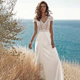 亚马逊同款优雅女士蕾丝雪纺婚纱白色v领海滩露背礼服工厂直销