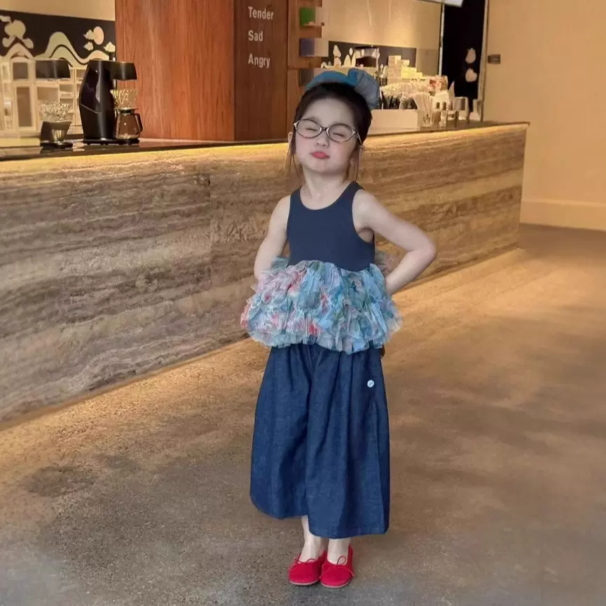 ins下摆网纱拼接小背心吊带女童2025夏装新款内搭打底衫上衣