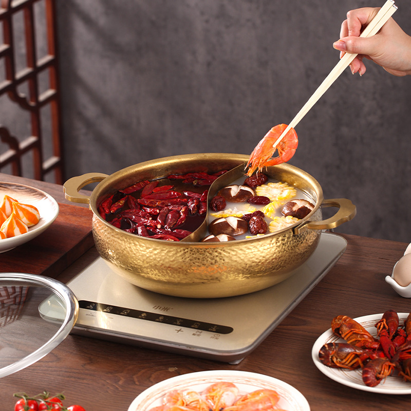 Ouchuang 304 Edelstahl-Doppelgeschmacks-Hot-Pot mit gehämmertem Muster, kompatibel mit Induktions- und Gasherden,_voghion.com