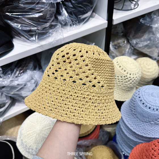 Wholesale South Korea 2025 new Japanese sunscreen hollow woven fisherman hat women's big head circumference face small sun hat