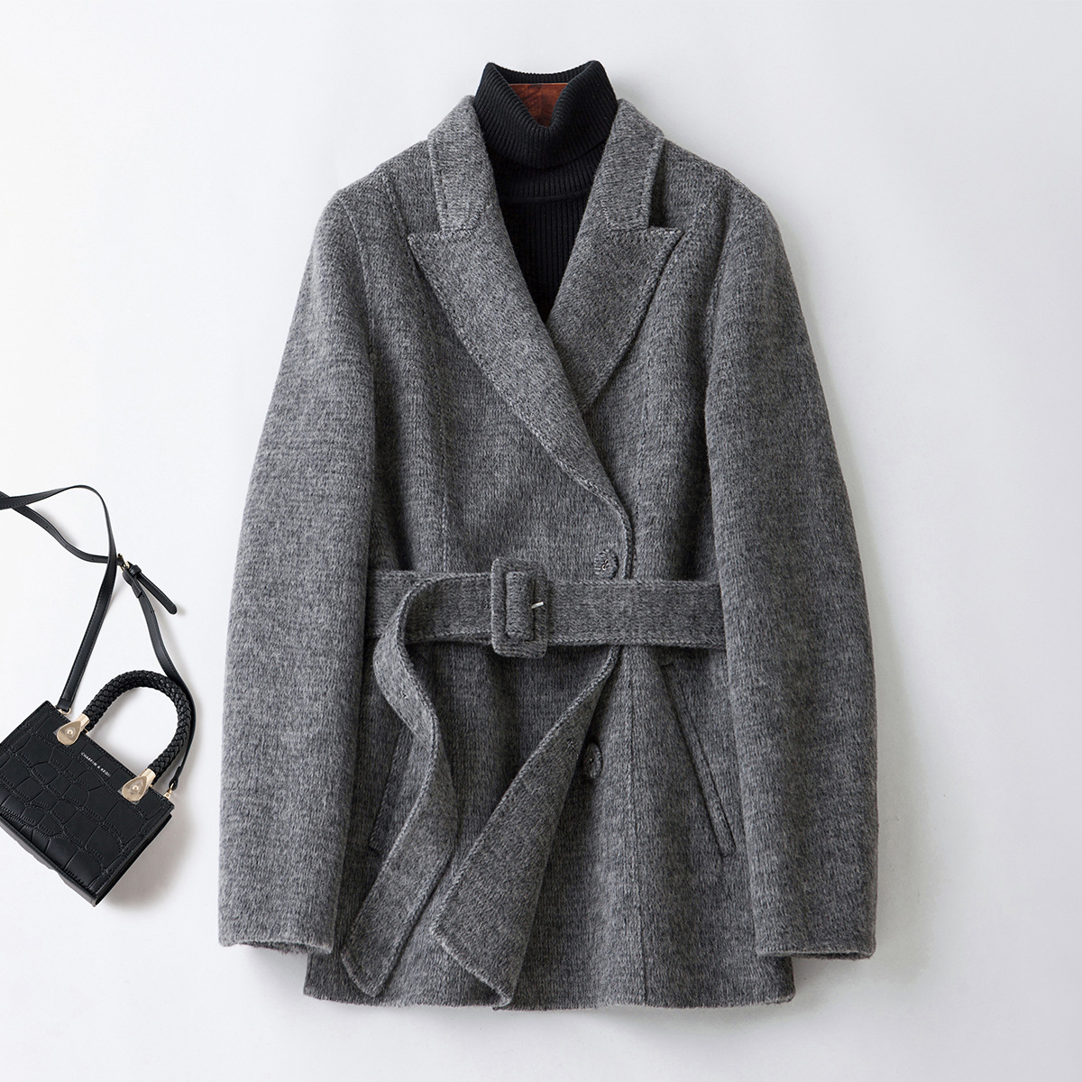 Q021 # Double-Sided Cashmere Coat for Women 2025 Autumn and Winter New Slim-Fit Suit for Petite Figures with a High-End Feel Woolen Jacket