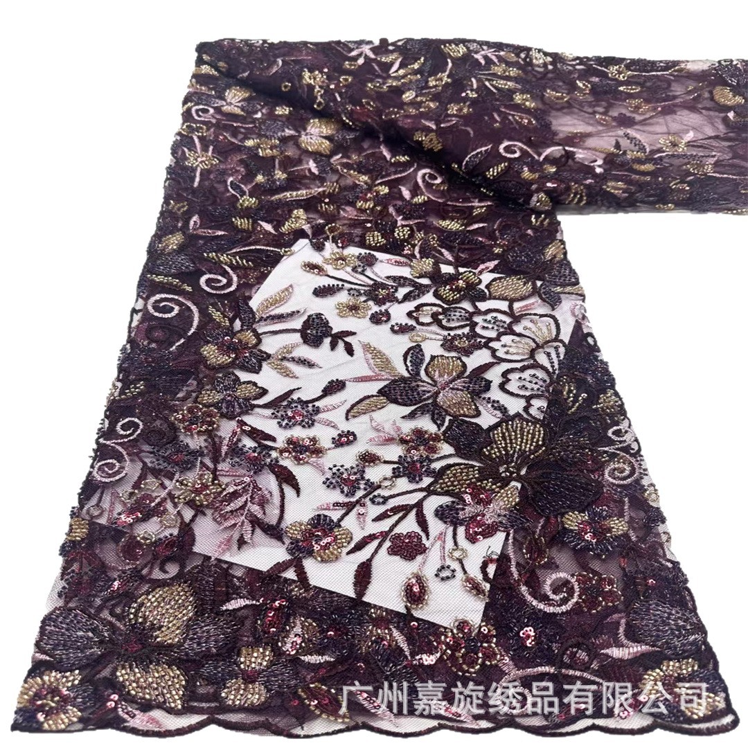 Tela de bordado pesado con diseño floral de una sola cara, lentejuelas con cuentas, adecuada para vestidos de novia, vestidos de noche y encaje de qipao.