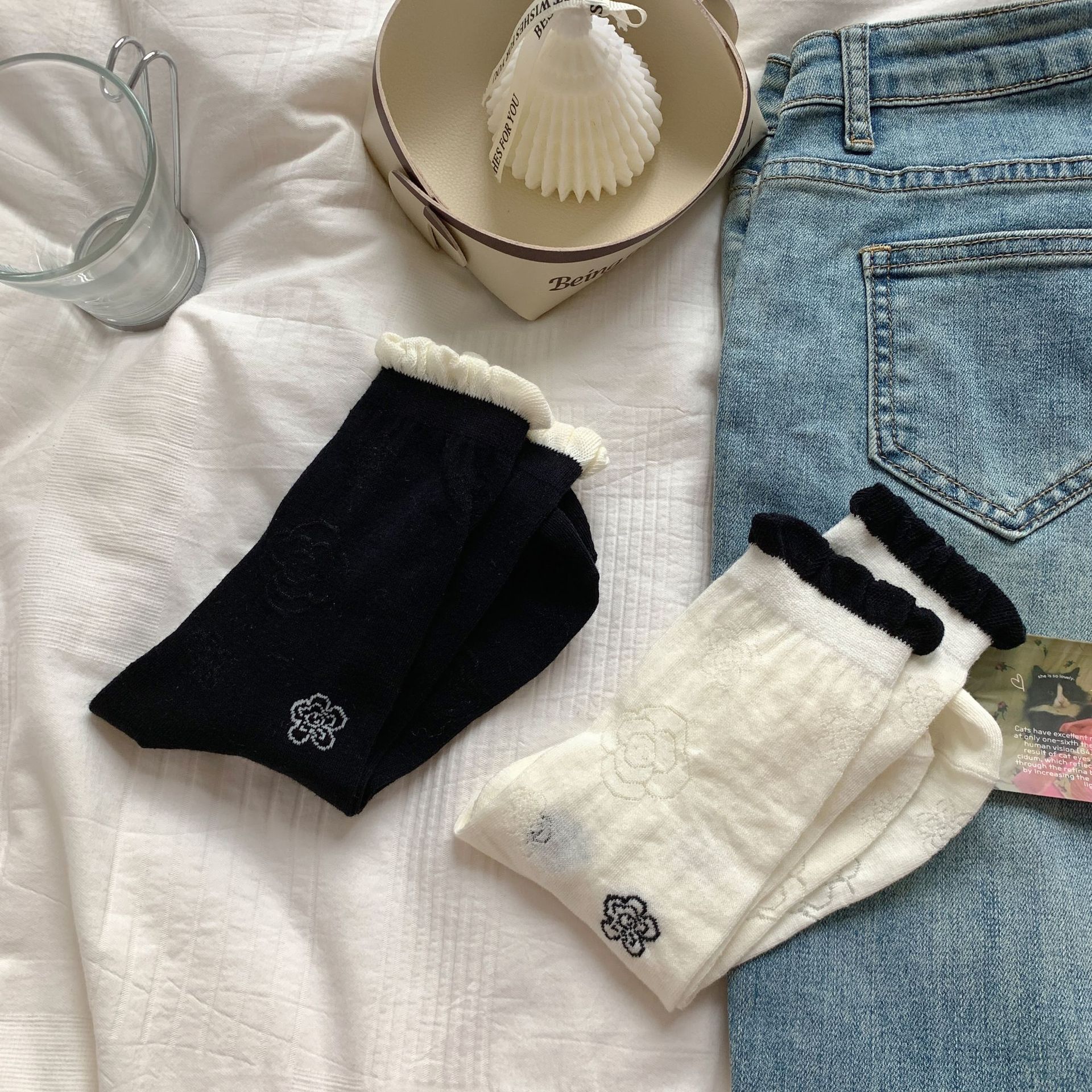 Vintage Coquette Soft Cotton Contrast Ruffle Rose Embroidered Crew Socks for Cute Daily Outfits Detail View 2