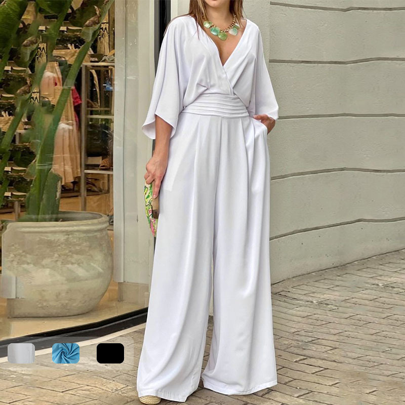 2026 European and American Foreign Trade Women's Clothing, New Spring Style, Fashionable and Elegant Workwear, Solid Color V-Neck Slim-Fit Jumpsuit Long Pants