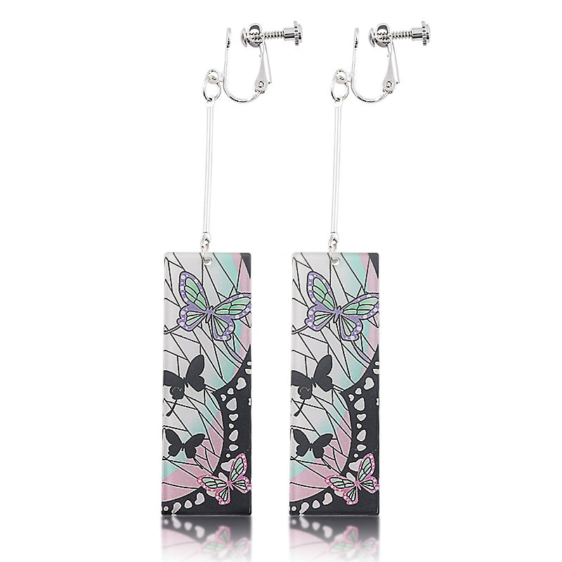 Earrings (Carbon Ji Lang) Anime Rectangle Dangle, Butterfly/Ninja Pattern, Lightweight, Multi-fit