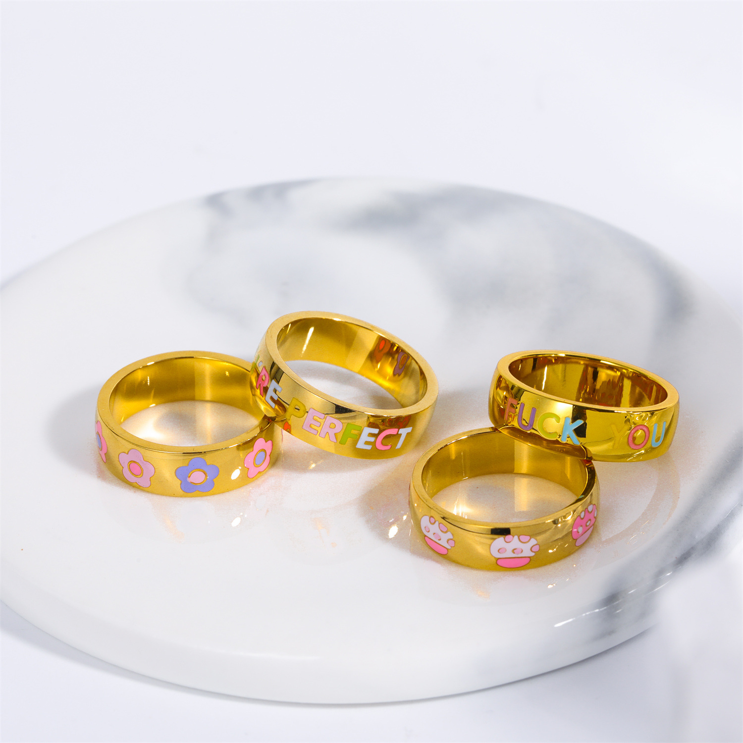 6g Weight Cute Letter Flower Titanium Steel Enamel Rings