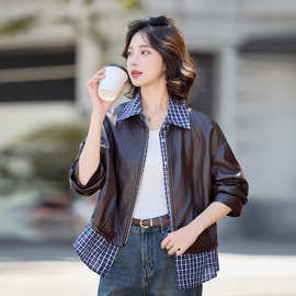 2025春秋假两件皮衣女时尚休闲翻领pu皮衣拼接格子机车服夹克外套