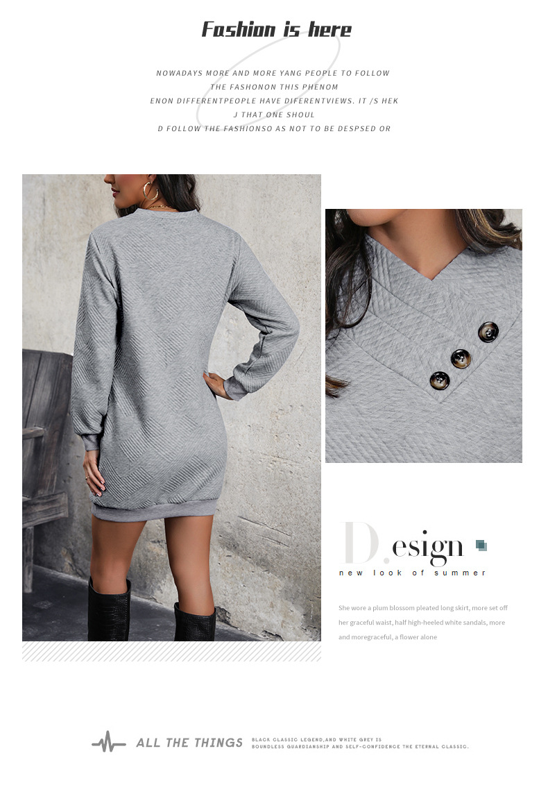 Einfarbiges, langärmliges, modisches Strickkleid mit Taschenknopf und Rundhalsausschnitt_voghion.com