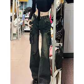 C242#【非实拍】美式复古微喇叭工装牛仔裤女做旧多口袋高街低腰