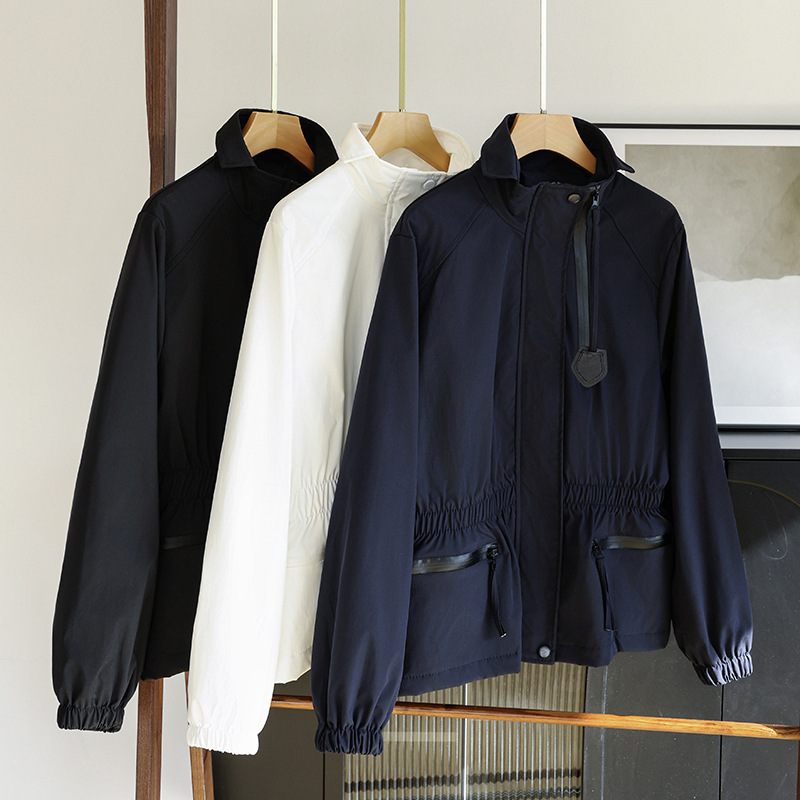 Spring and Summer New Korean Style Navy Blue Black and White Fashion Loose Motorcycle Jacket Solid Color Jacket Jacket for Women