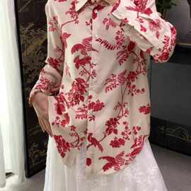 中性风桑蚕丝花卉印花衬衫短袖宽松丝绸衬衣夏季亲肤透气款
