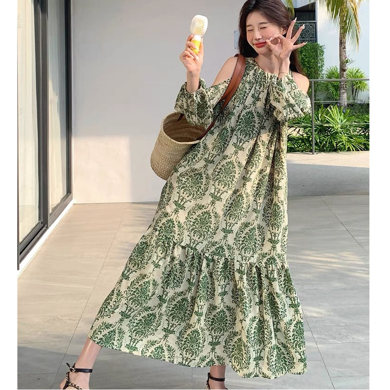 Green Floral Shoulder dress Women's Summer Tropical Beach Loose Seaside Vacation Casual A- Line Long Dress Green Floral Shoulder dress Women's Summer Tropical Beach Loose Seaside Vacation Casual A- Line Long Dress