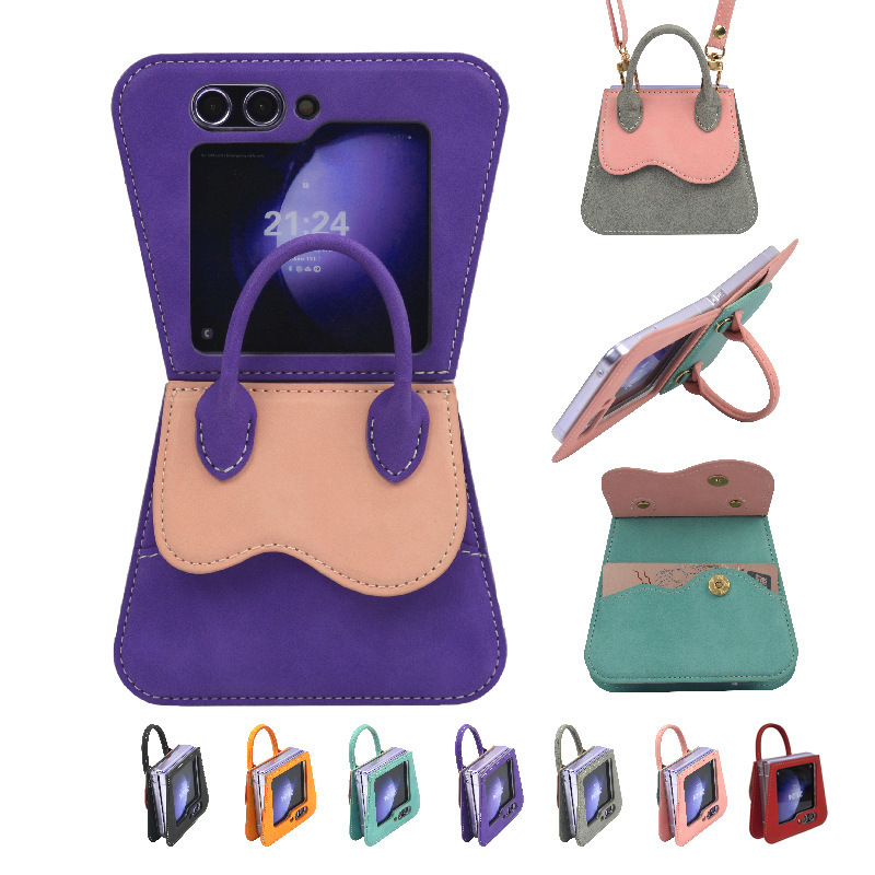 For Samsung ZFLIP6 folding screen card color matching phone case Huawei Pura X shoulder slung phone leather For Samsung ZFLIP6 folding screen card color matching phone case Huawei Pura X shoulder slung phone leather