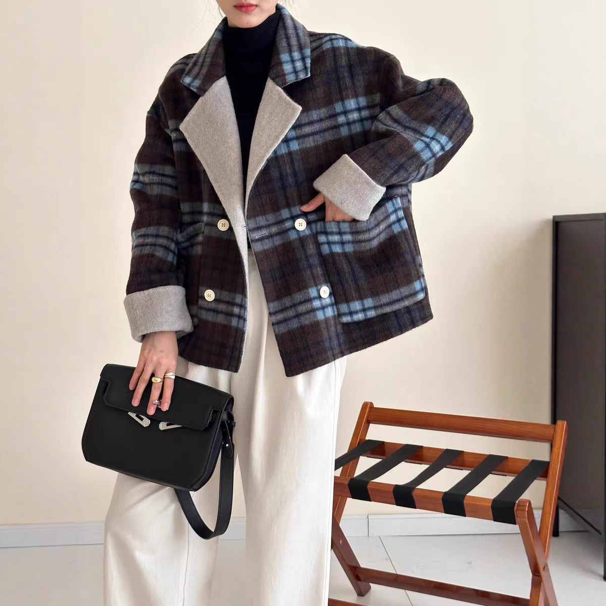 蓝灰格子2025秋冬新款双面羊绒大衣女韩系宽松显瘦拼色羊毛呢外套