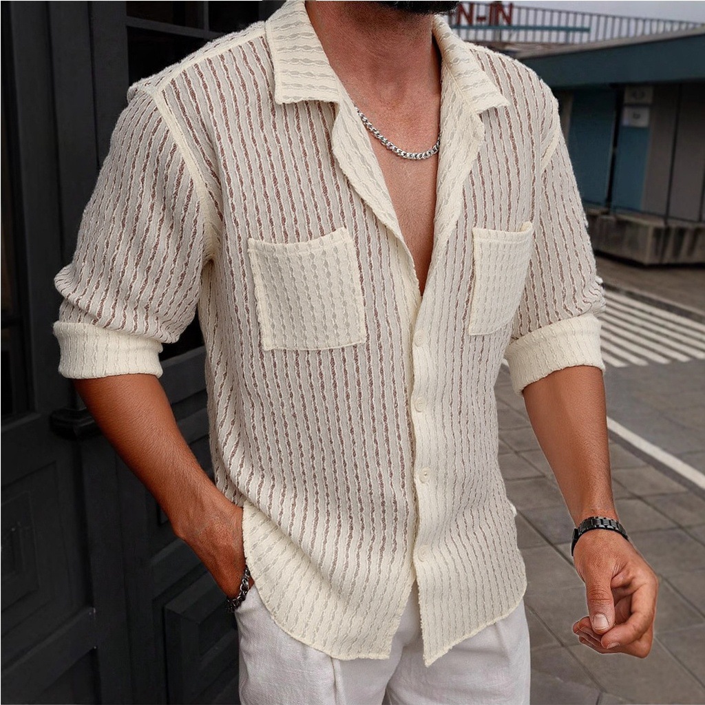 Hollow-out Knitted Texture Sense Shirt Jacket Men's Spring and Summer American Fashion Lapel Cardigan Loose Top Shirt