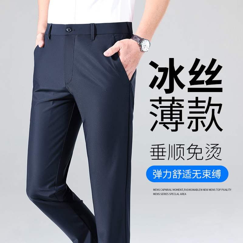 2026 Summer Ice Silk Pants for Men, High Elasticity, Wrinkle-Resistant, Non-Iron, Casual Business Slim-Fit Straight Thin Long Pants