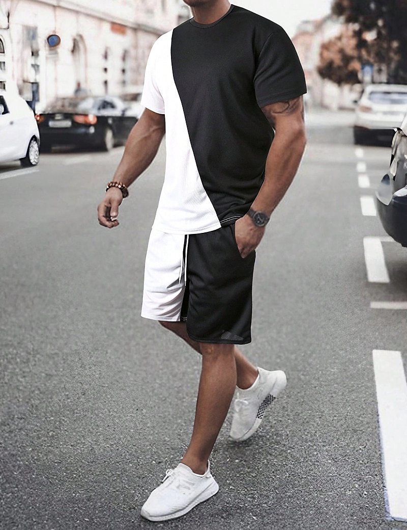 Comercio exterior europeo y americano verano nuevo estilo moda hombre simple impresión 3D a juego de color camiseta de manga corta traje de 2 piezas para hombre al por mayor