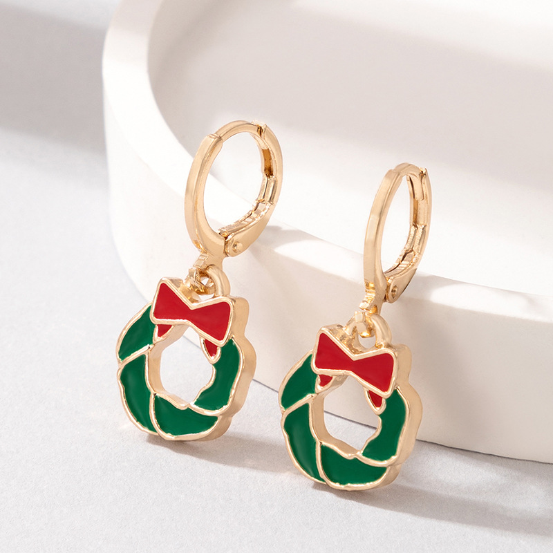 Cross-border Holiday New Products Christmas Wreath Dripping Earrings Geometric Bow Earrings display picture 4