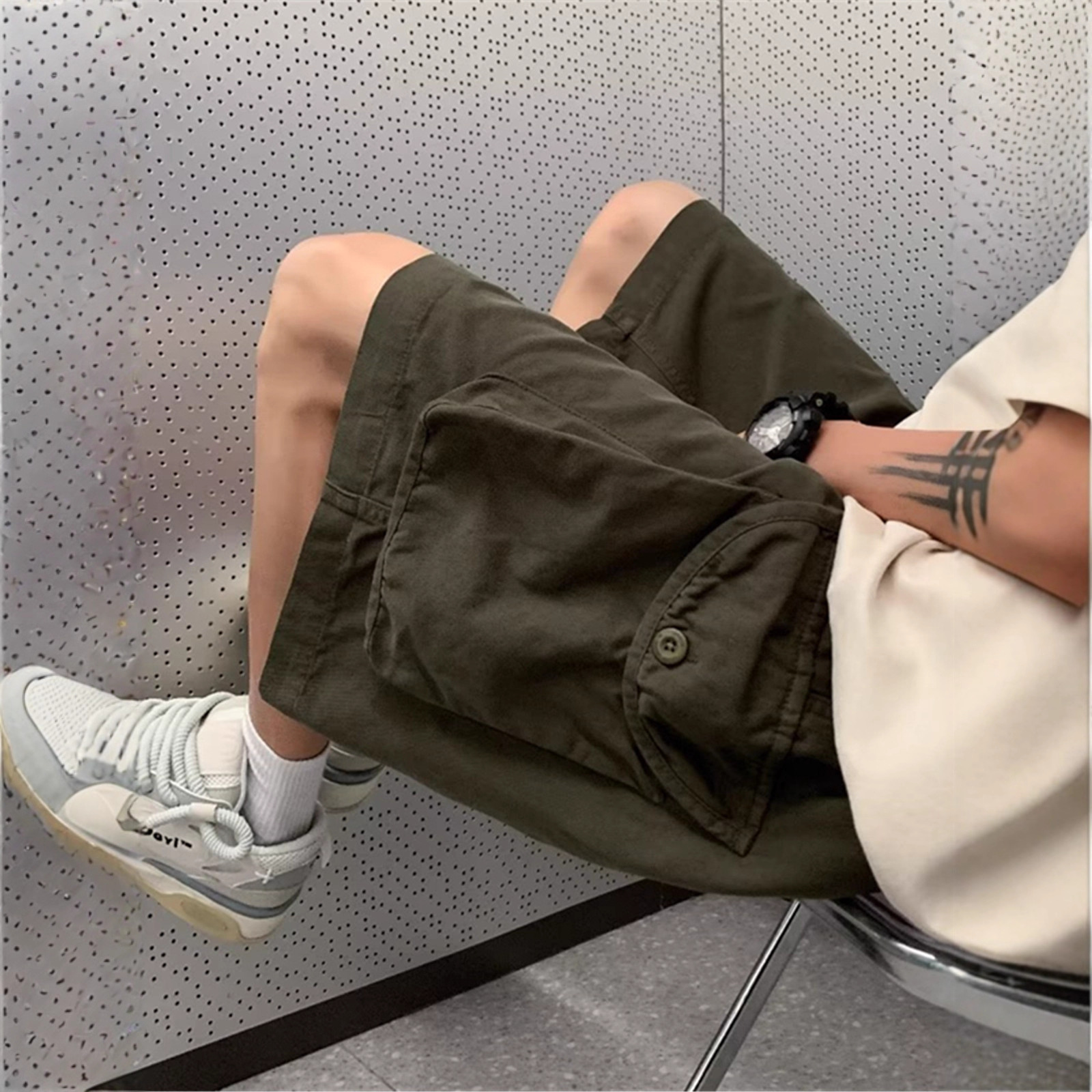 Pure Cotton Multi-Pocket Cargo Shorts for Men, Casual Retro Trendy Straight Mid-Length Functional Wide-Leg Harem Shorts