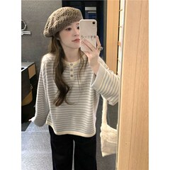 蕾朵撞色条纹长袖针织衫上衣女新款秋季慵懒休闲套头毛衣内搭