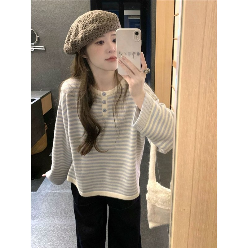 蕾朵撞色条纹长袖针织衫上衣女新款秋季慵懒休闲套头毛衣内搭|undefined