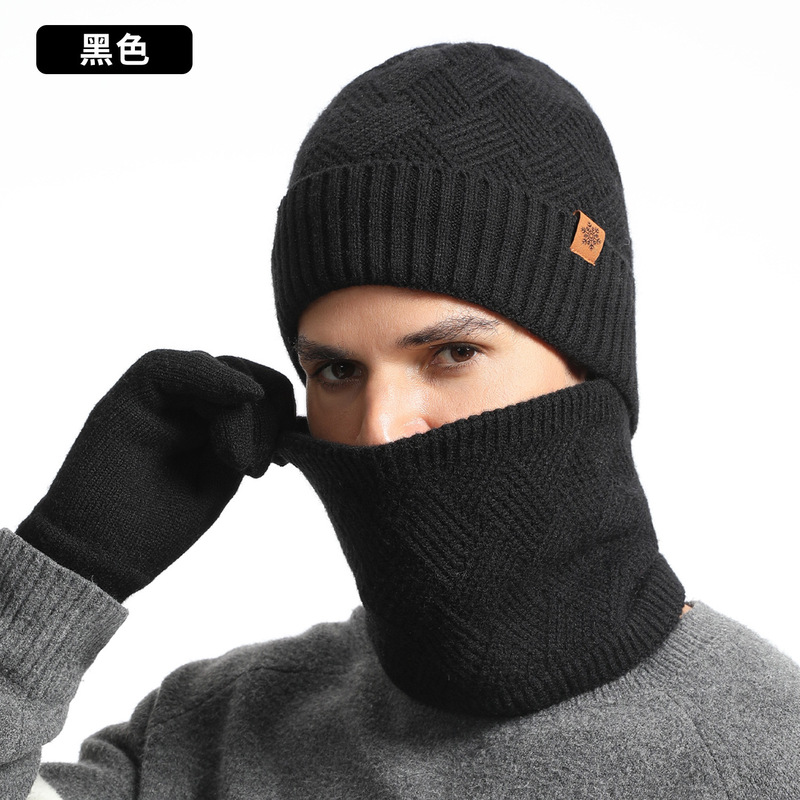冬の男性ニット帽防寒ニットマフラーとベルベットの厚い二重マフラーの帽子3点セット|undefined
