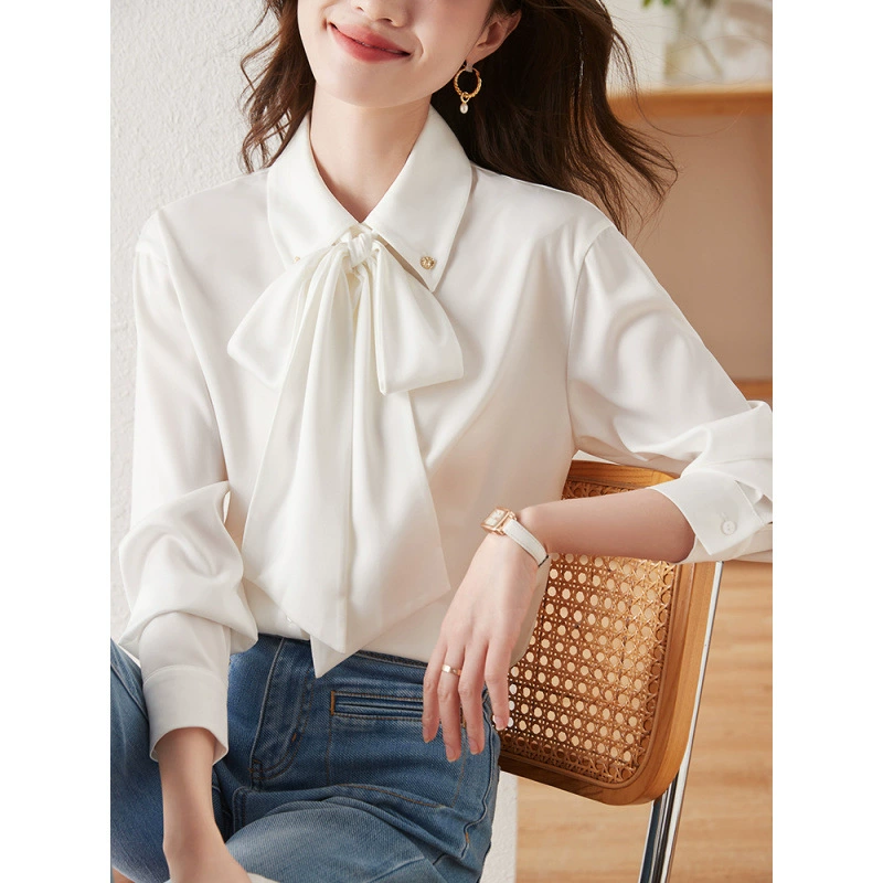 Женская элегантная рубашка из шифона с длинным рукавом, новая осенняя модель 2024 года, профессиональная, не мнется, с бантом