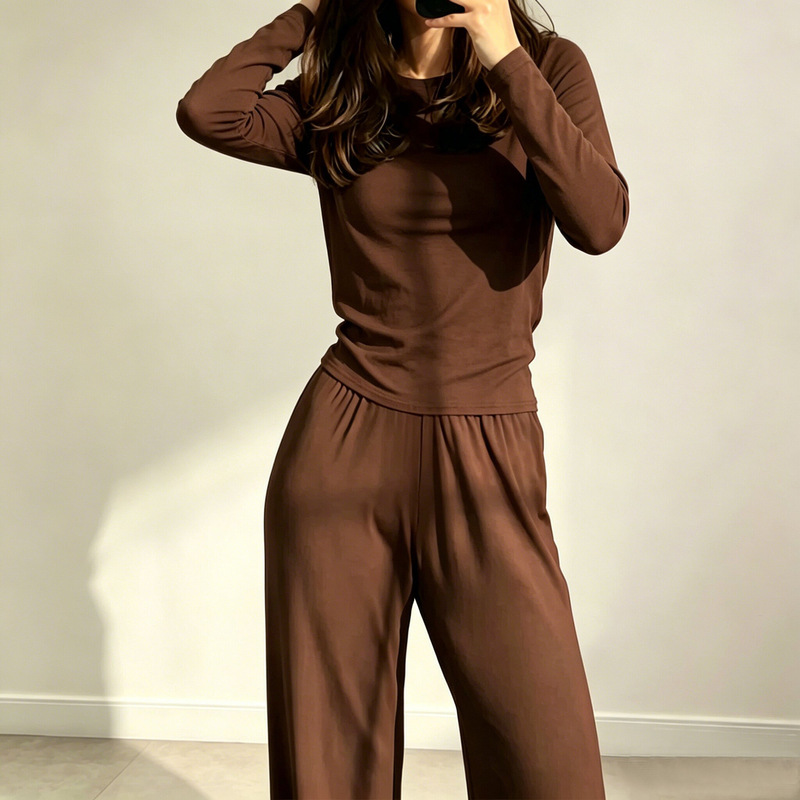 Cross-Border Foreign Trade European and American Sexy Fashion Round Neck Slim Fit Casual Versatile Loose Elastic Wide-Leg Pants Set for Women Cross-Border Foreign Trade European and American Sexy Fashion Round Neck Slim Fit Casual Versatile Loose Elastic Wide-Leg Pants Set for Women