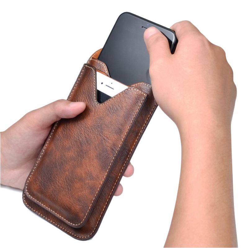 Riñonera de alta gama para hombre, para exteriores, hecha de cuero Crazy Horse, cinturón de trabajo resistente con solapa para guardar el teléfono.