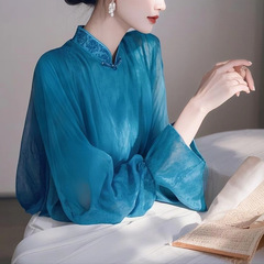 2025春の服の新型のきれいな小さいシャツのフランスの高級感の上着の超美しい気質の青い方襟のシフォンのシャツ