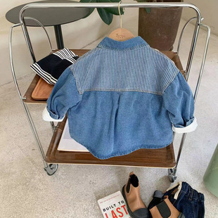 Children's Shirts 2024 Spring & Fall New Style Boys' Patchwork Stripesd Denim Shirts Baby Korean Style Fashion Tops and Jackets