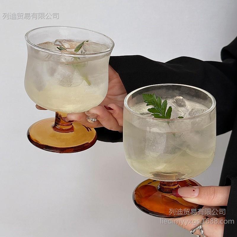 Small Middle Ancient Wine Glass Brown Bottom Round Dun Short Foot Glass Water Glass Champagne Red Wine Glass Coffee Cup Juice Cup Drinking Cup