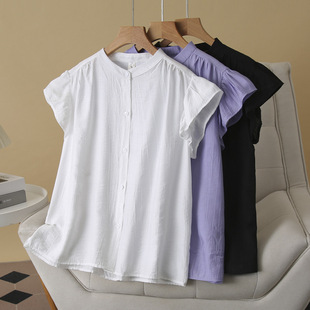2025 Summer Lotus-sleeved Shirt Crumpled Cardigan Slimming Fashionable All-match Top Chubby Girl Shirt 659