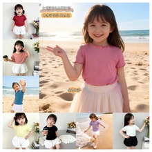 HD韩版女童宝宝夏装百搭条纹木耳边中小童上衣甜美糖果色短袖T恤