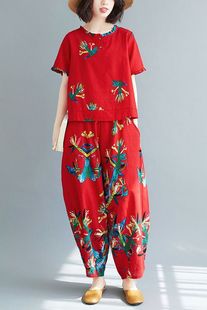 Summer New Ethnic Style Plus Size Women's Short-Sleeved Tops for Fat Girls Cotton and Linen Fashion Casual Suits Western Style Two-Piece Set