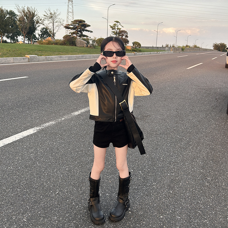 Girls' Fashionable Biker Jacket, Spring and Autumn Outerwear for Older Children, Trendy and Versatile Cardigan