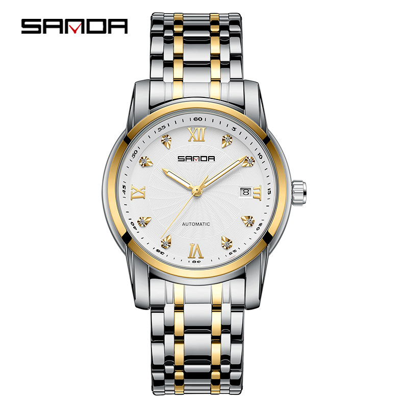 Sanda 7007 correa de acero para hombre reloj mecánico automático transparente inferior rhinestone moda manual reloj mecánico