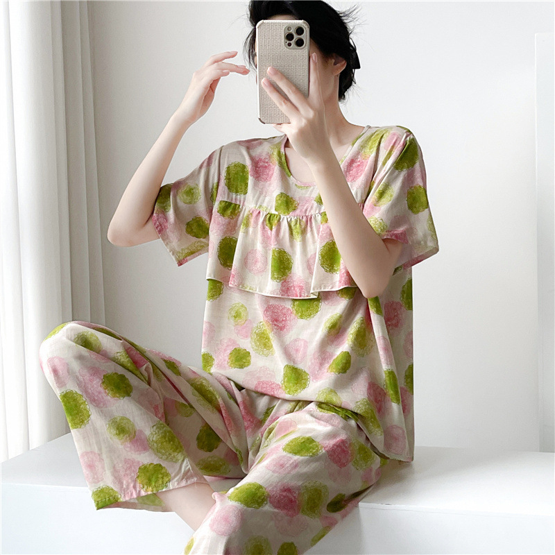 Anti-Bump Pajamas for Women, Summer Thin Cotton Silk Short-Sleeved Trousers, Large Size Suit, Cool Cotton Silk Home Clothes Without Chest Pads Anti-Bump Pajamas for Women, Summer Thin Cotton Silk Short-Sleeved Trousers, Large Size Suit, Cool Cotton Silk Home Clothes Without Chest Pads
