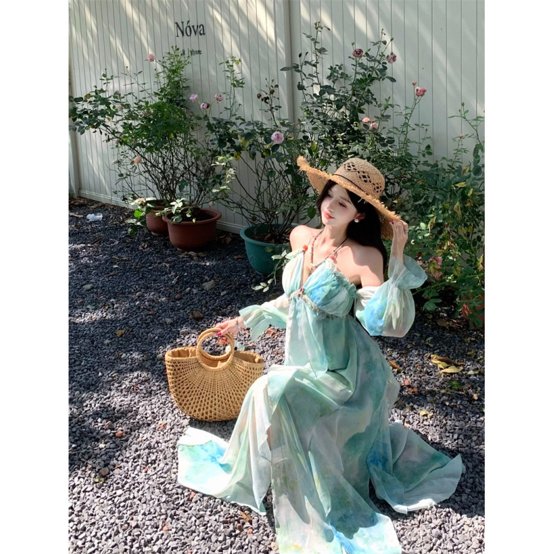 Seaside Resort Style Asymmetrical Smudged Suspender Long Skirt 2025 New Design Niche Off-Shoulder Dress